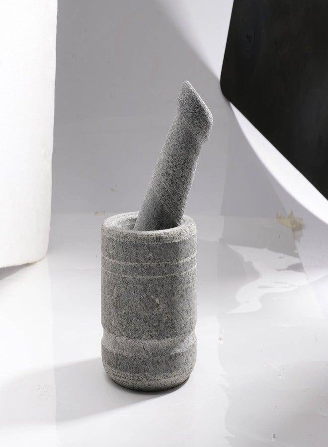 EZAHK Stone Mortar and Pestle Set for Spices, Okhli Masher, Khalbatta, Mixer, Natural & Traditional Grinder and Musal, Design for Kitchen, Home, Herb (Size L 4 x W 4 inch) - Image 1